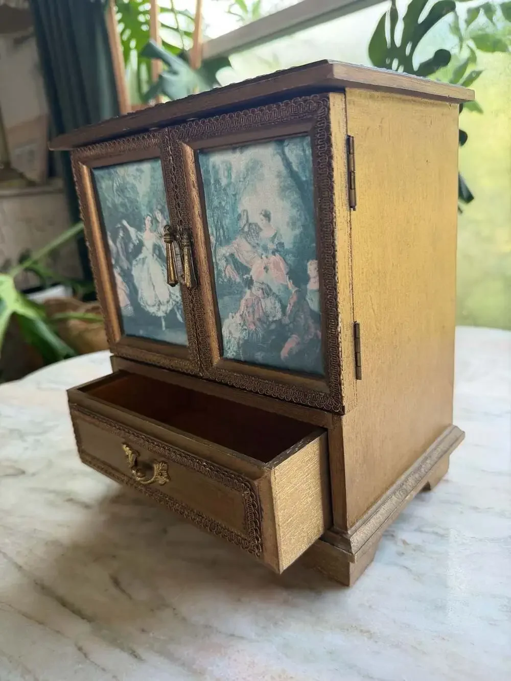 Vintage Florentine Wooden Miniature Armoire Jewelry Box with Romantic Scene Pane